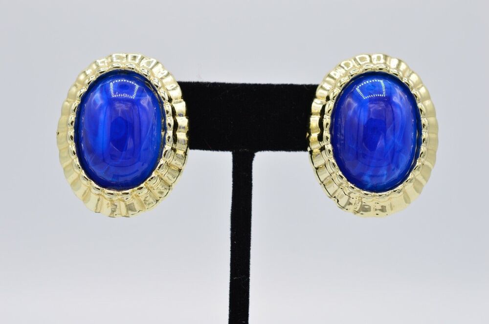 Vintage Cabochon Earrings Jelly Blue Gold Lightweight 1980s BinAB